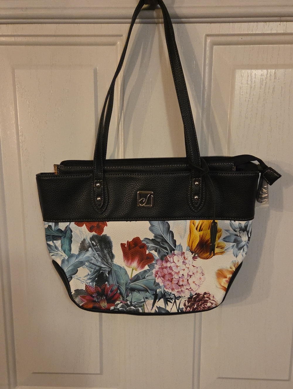 Stone Mountain Black Floral Tote Handbag with Multicolor Blooms NWOT